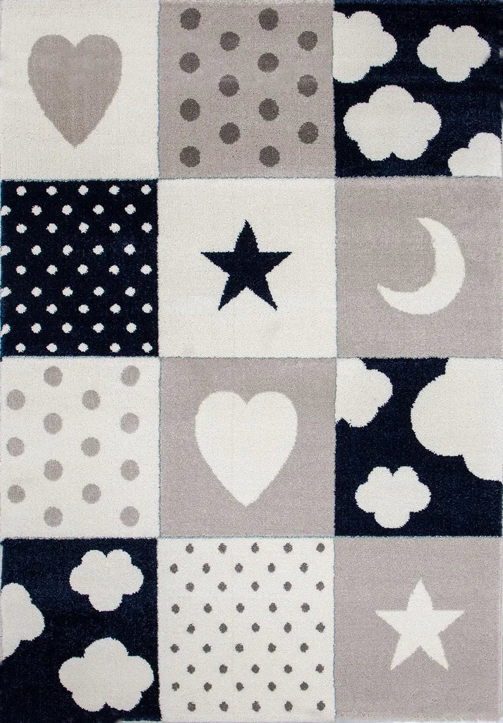 Kinderteppich Teppich Kinderzimmer Babyteppich Mit Herz Stern Wolke Blau Beige Creme, Maße:120x170 Cm