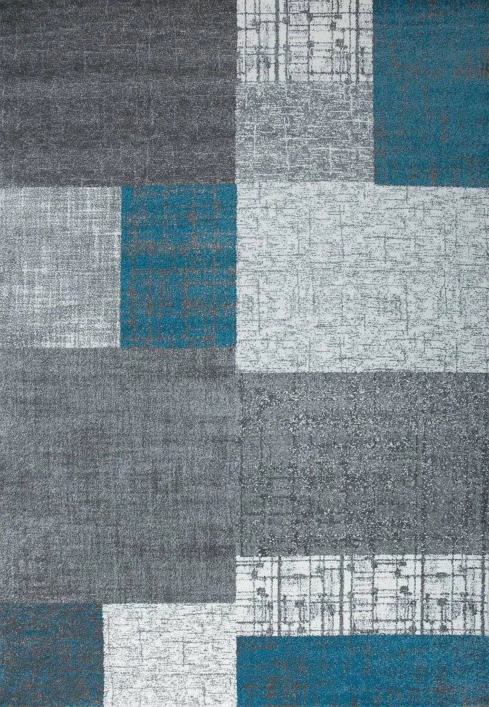 Designer Moderner Wohnzimmer Teppich In Türkis, Grau Und Weiß Mit Kachel Optik Kurzflor, Maße:140x200 Cm