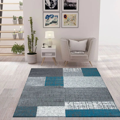  Designer Moderner Wohnzimmer Teppich In Türkis, Grau Und Weiß Mit Kachel Optik Kurzflor, Maße:140x200 Cm