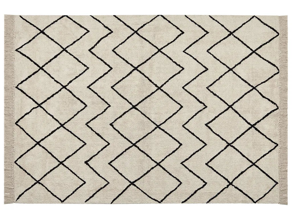  Teppich Beige Baumwolle Rechteckig 160 X 230 Cm Geometrisches Muster Fransen Handgetuftet Boho Kurzhaar Fußbodenheizung Geeignet Wohnzimmer