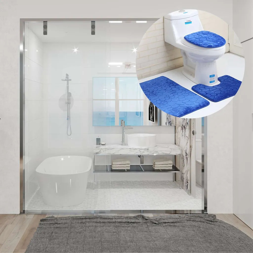  3-teiliges Badezimmer Badematten Toilettenteppich Anti Rutsch Teppich Set Heim Toilettenabdeckungsmatte (Blau)