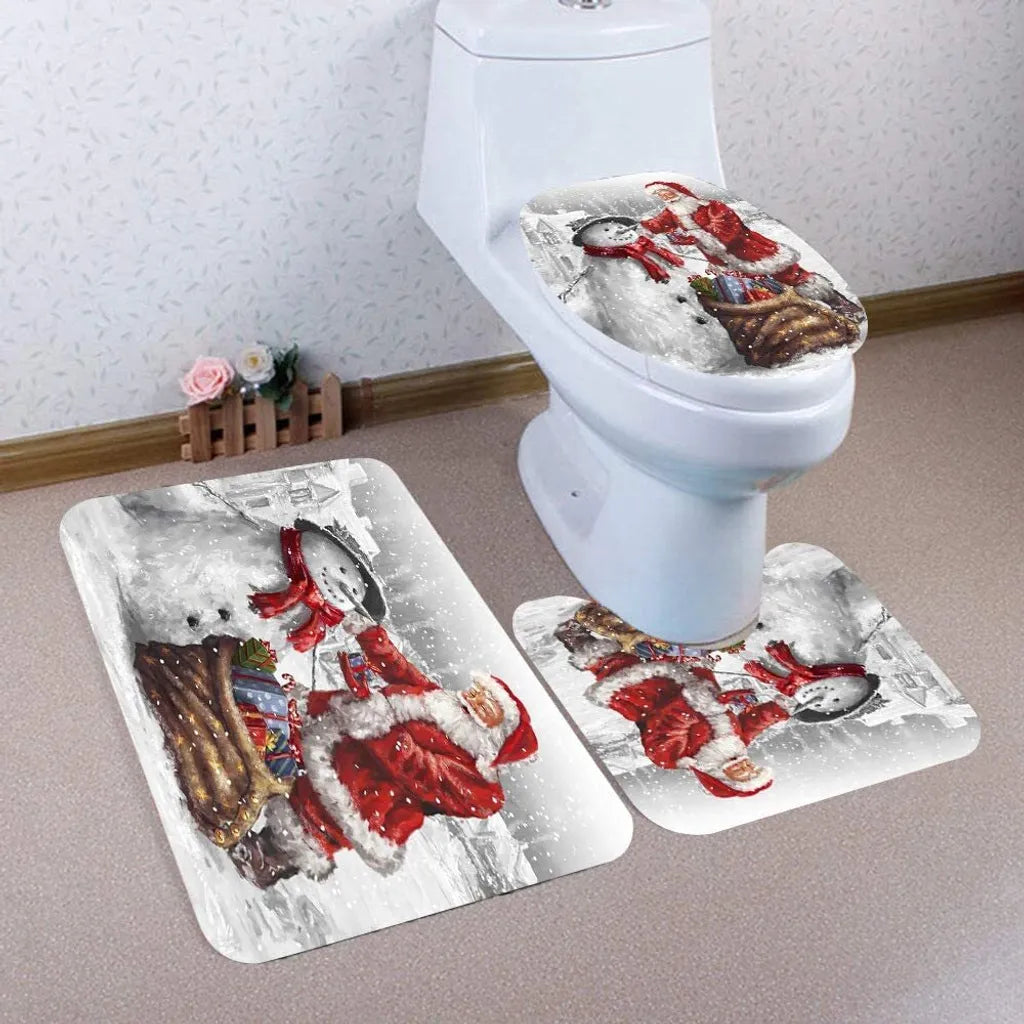  Weihnachtsbad-Set Mit 3 – Badematte, U-förmiger Toilettenvorleger Und Toilettensitzbezug – Schneemann-/Weihnachtsmann-Design