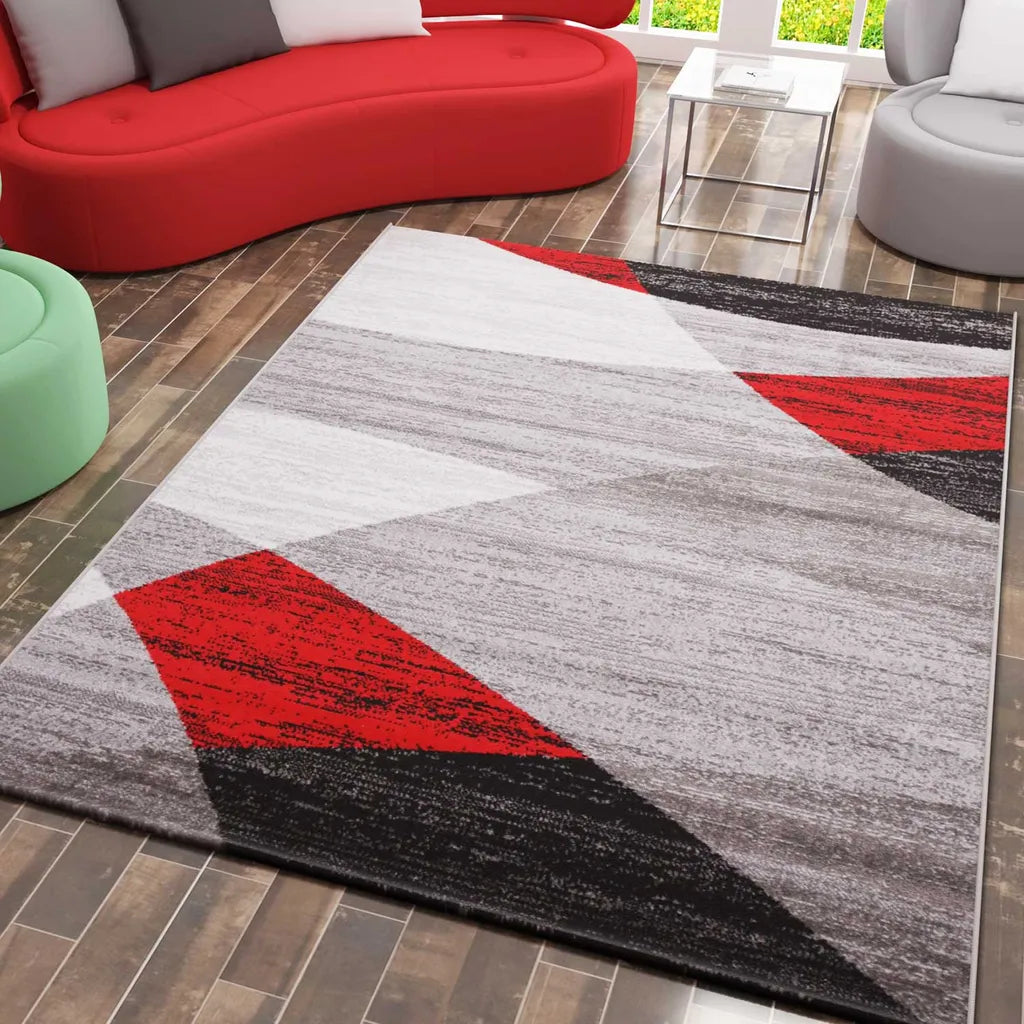  Teppich Geometrisches Muster Meliert In Grau Weiß Schwarz Und Rot, Maße:160x220 Cm