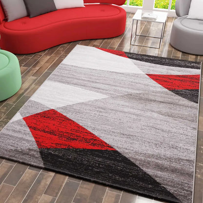  Teppich Geometrisches Muster Meliert In Grau Weiß Schwarz Und Rot, Maße:160x220 Cm