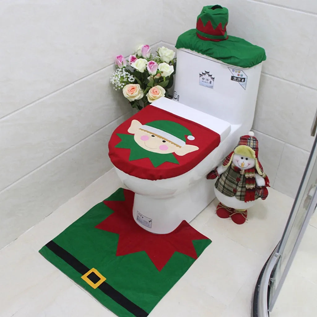  3er/set Bad WC Sitzbezug, Badematte Teppich, Wassertank Deckel Sitzbezug, Weihnachten Badezimmer Dekoration