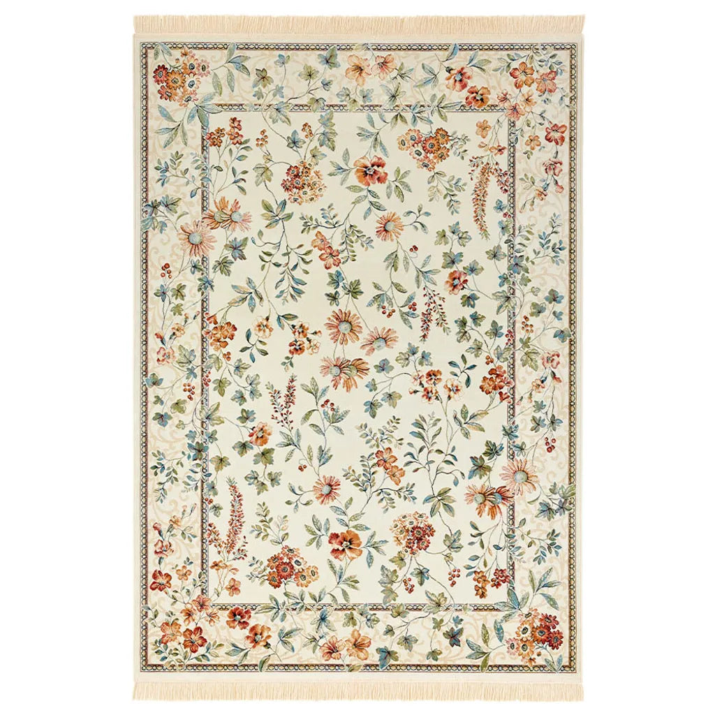  Orientalischer Samt-Teppich Fransen Oriental Flowers Creme, Größe:135x195 Cm