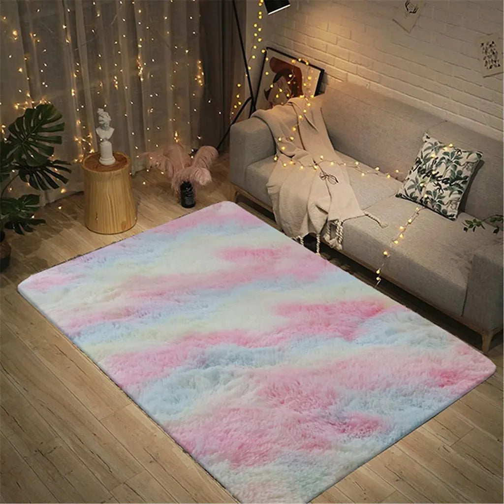  Weicher Teppich Hochflorteppich Bunter Flauschiger Schlafzimmerteppich Batikteppich Regenbogen 80 * 160 Cm
