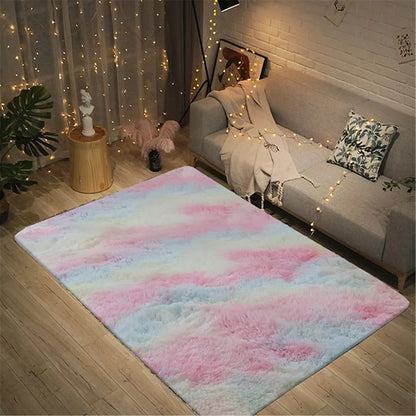  Weicher Teppich Hochflorteppich Bunter Flauschiger Schlafzimmerteppich Batikteppich Regenbogen 80 * 160 Cm