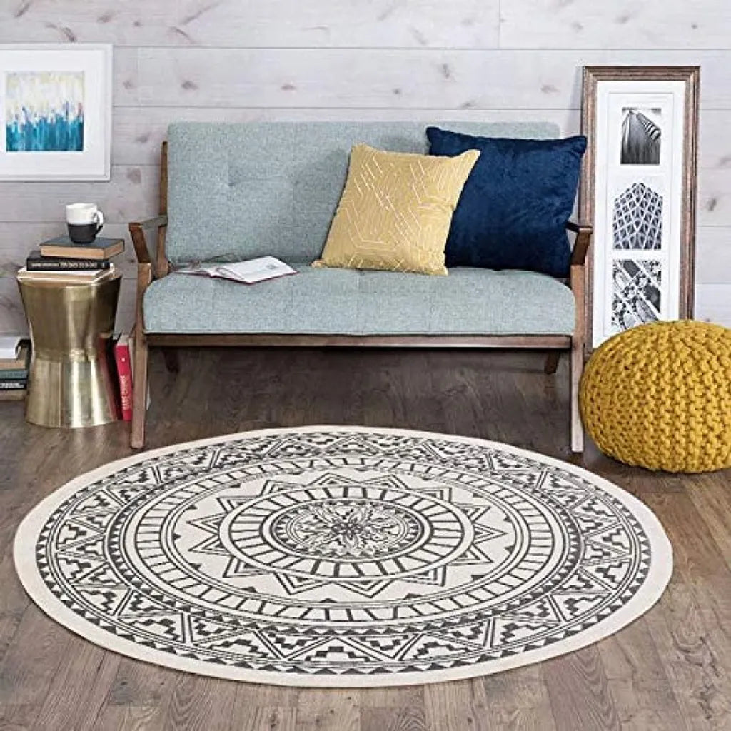  Runder Teppich 120 Cm. Teppich Rund Mit Fransen Rutschfest, Handgewebt Und Pflegeleicht - Böhmisches Mandala Muster Baumwollteppich