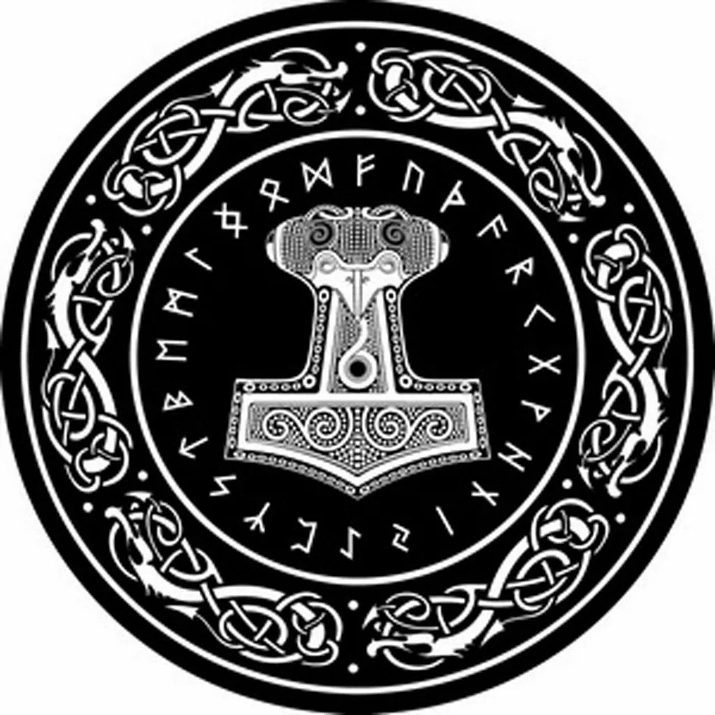  Thors Hammer Teppich ø 90cm Rundteppich XL Thor Valhalla Fussmatte Wikinger Walhalla Runen Logo Fußmatte Schmutzmatte Türabstreifer Türmatte Odin Fußabstreifer Doormat