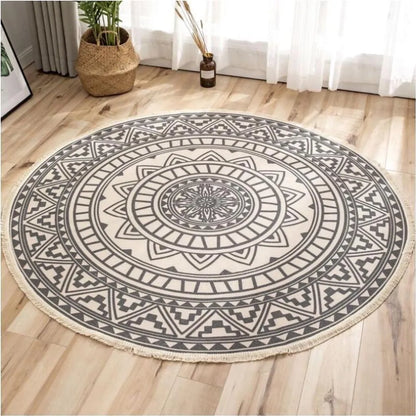  Runder Teppich 120 Cm. Teppich Rund Mit Fransen Rutschfest, Handgewebt Und Pflegeleicht - Böhmisches Mandala Muster Baumwollteppich