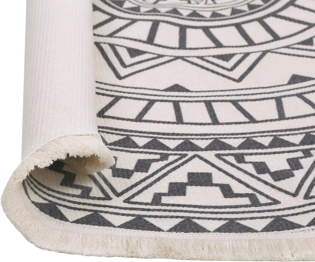  Runder Teppich 120 Cm. Teppich Rund Mit Fransen Rutschfest, Handgewebt Und Pflegeleicht - Böhmisches Mandala Muster Baumwollteppich