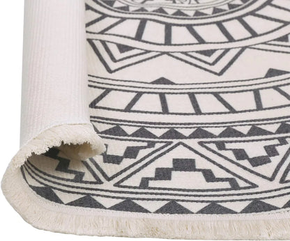  Runder Teppich 120 Cm. Teppich Rund Mit Fransen Rutschfest, Handgewebt Und Pflegeleicht - Böhmisches Mandala Muster Baumwollteppich