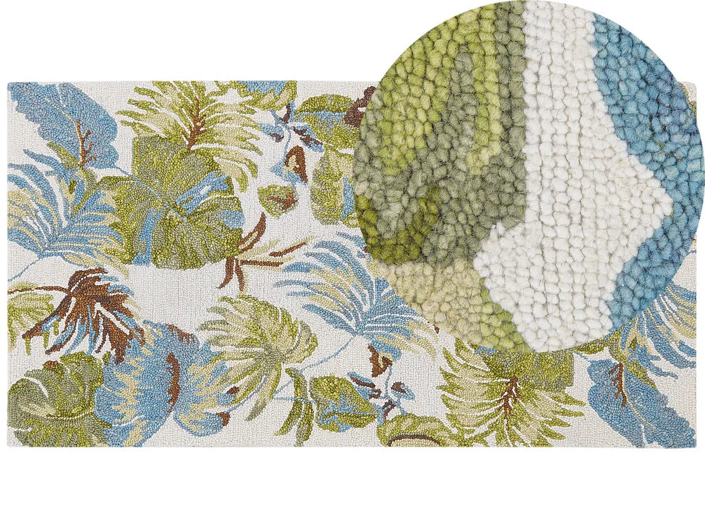  Teppich Mehrfarbig Wolle 80 X 150 Cm Rechteckig Blattmuster Pflanzenmuster Handgetuftet Boho Gefärbt Kurzhaar Kurzflor Bettvorleger Läufer