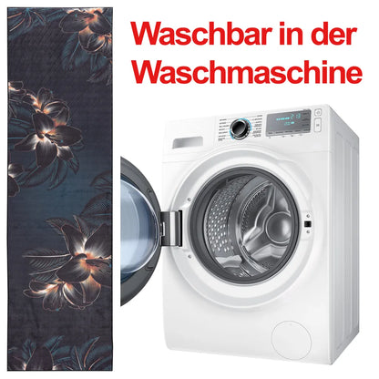  Mynes Home Küchenteppich Waschbar Küchenläufer Rutschfest Teppich Läufer Blau Schwarze Blume-50x180 Cm