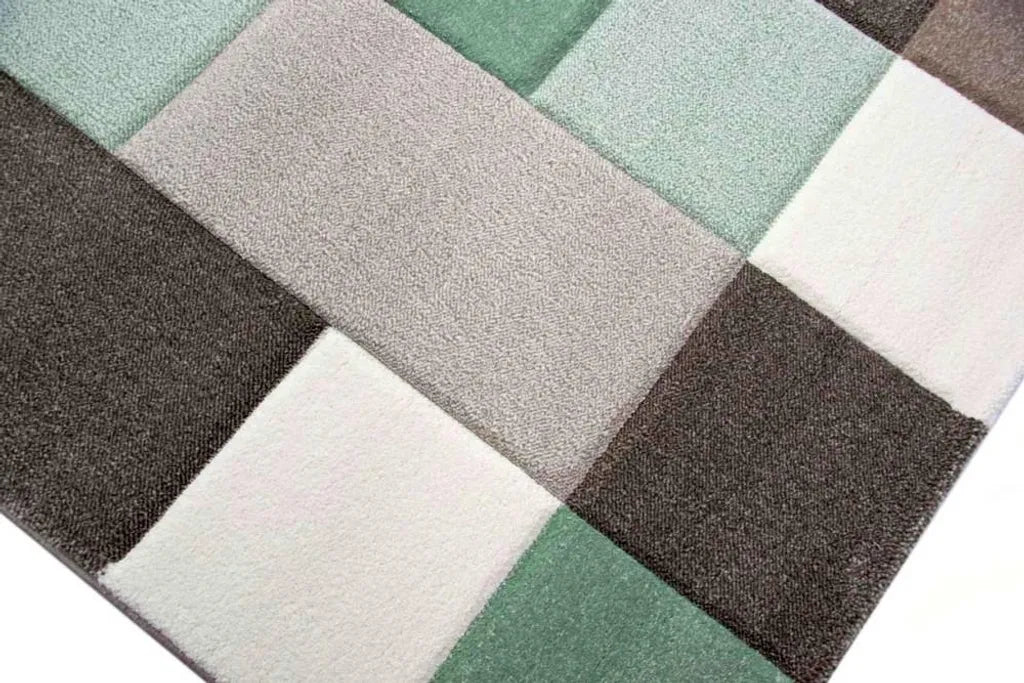  Teppich Wohnzimmerteppich Kurzflor Karo Pastell Grün Grau Mit Konturenschnitt Größe - 120x170 Cm