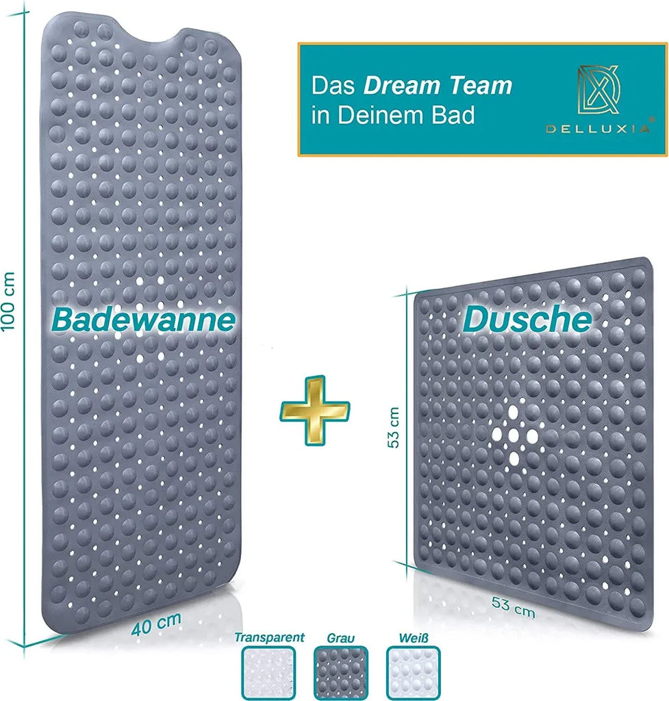  Delluxia Badewannenmatten Rutschfest Für Kinder & Erwachsene I 100x40cm Grau I Antirutsch Badematte BPA Frei, Inkl. Aufhängung I Duschmatte Schimmelresistent & Geruchsfrei