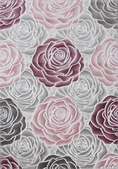  Moderner Wohnzimmer Teppich Rosen Muster In Rosa Grau Creme, Maße:200 X 290 Cm