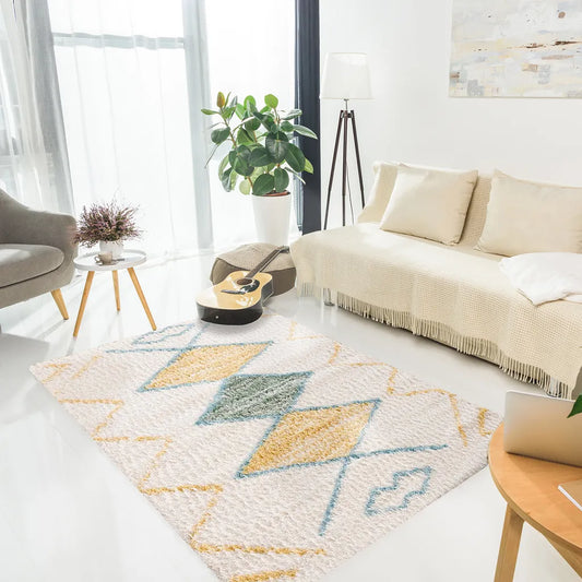  Teppich Wohnzimmer Shaggy – Geometrische Muster - Boho Style - Pastellfarben - Flauschig, Größen:140 X 200 Cm
