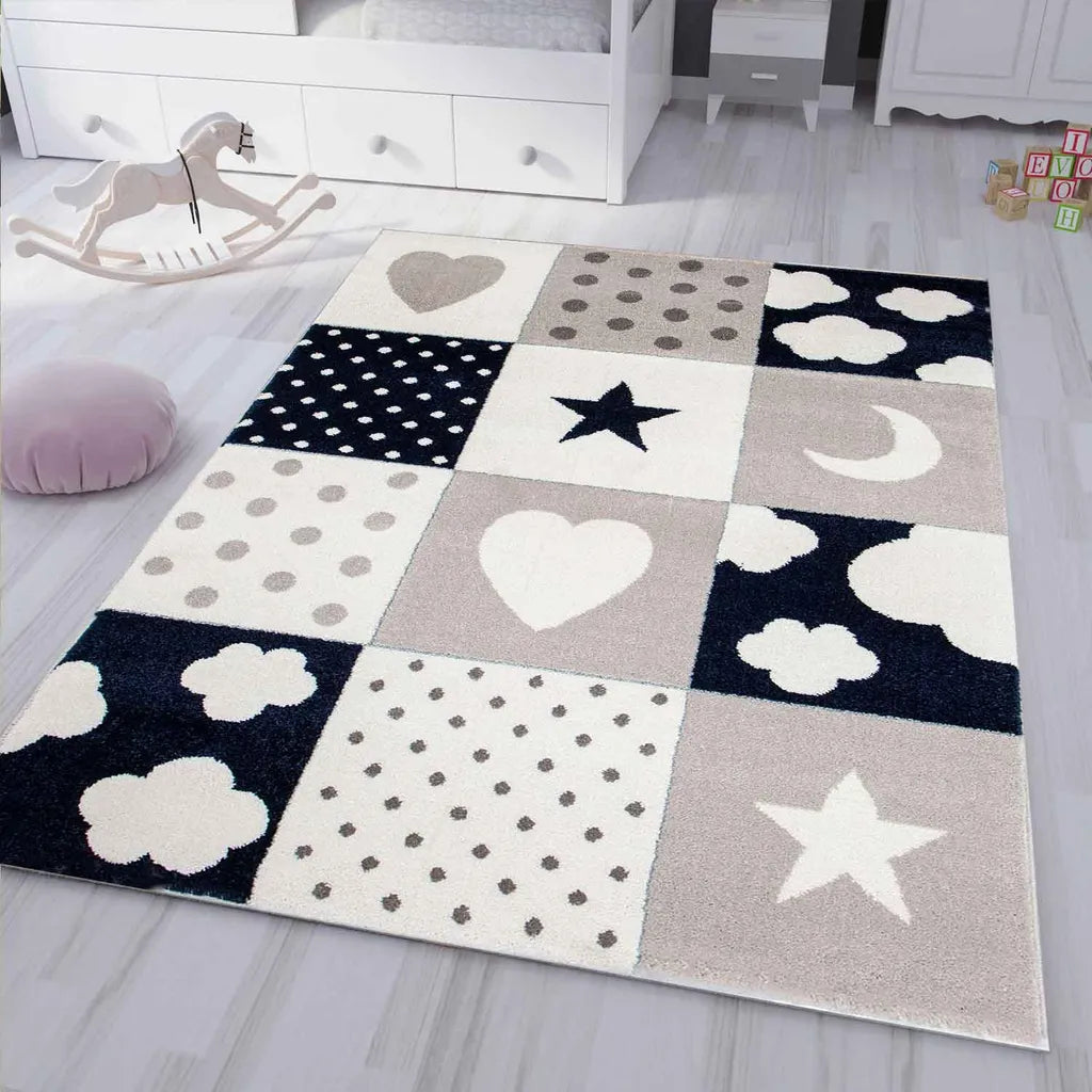  Kinderteppich Teppich Kinderzimmer Babyteppich Mit Herz Stern Wolke Blau Beige Creme, Maße:120x170 Cm
