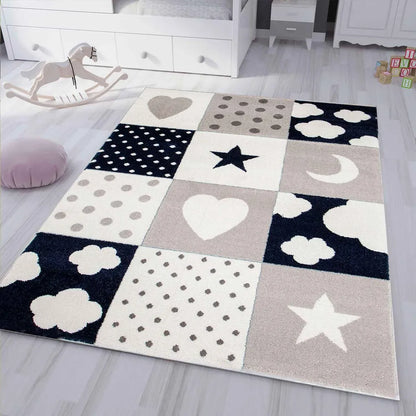  Kinderteppich Teppich Kinderzimmer Babyteppich Mit Herz Stern Wolke Blau Beige Creme, Maße:120x170 Cm