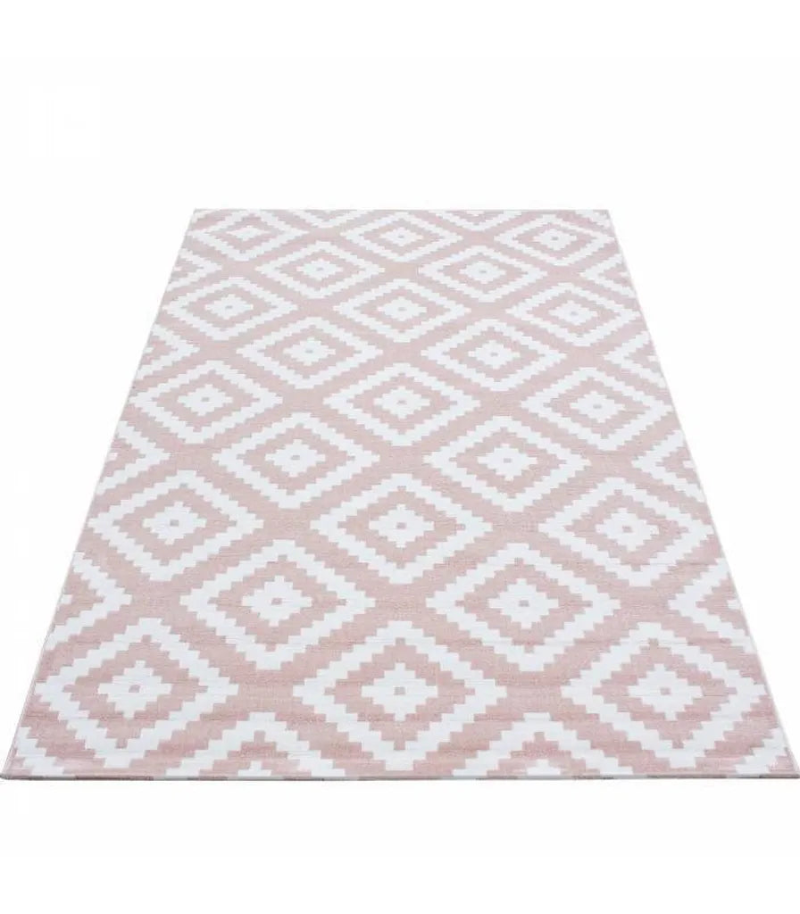  Kurzflor Wohnzimmerteppich Teppich Antikes Karo Muster Rosa Weiss Meliert, Grösse:160x230 Cm
