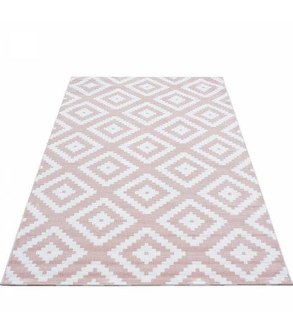  Kurzflor Wohnzimmerteppich Teppich Antikes Karo Muster Rosa Weiss Meliert, Grösse:160x230 Cm