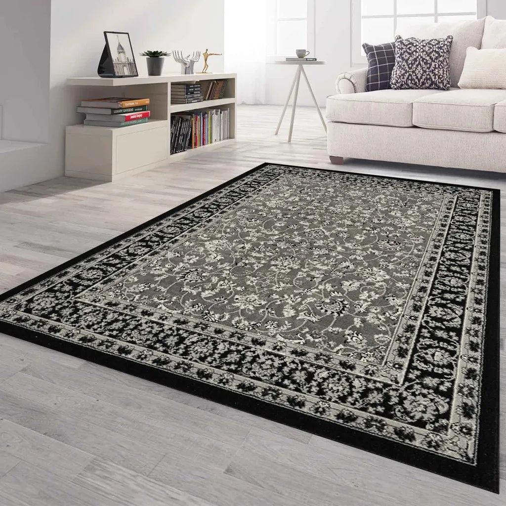  Orient Teppich Grau Schwarz Klassisch Dicht Gewebt Mit Ornament Und Blumenmotiven, Maße:160x230 Cm