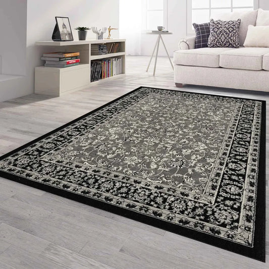  Orient Teppich Grau Schwarz Klassisch Dicht Gewebt Mit Ornament Und Blumenmotiven, Maße:160x230 Cm