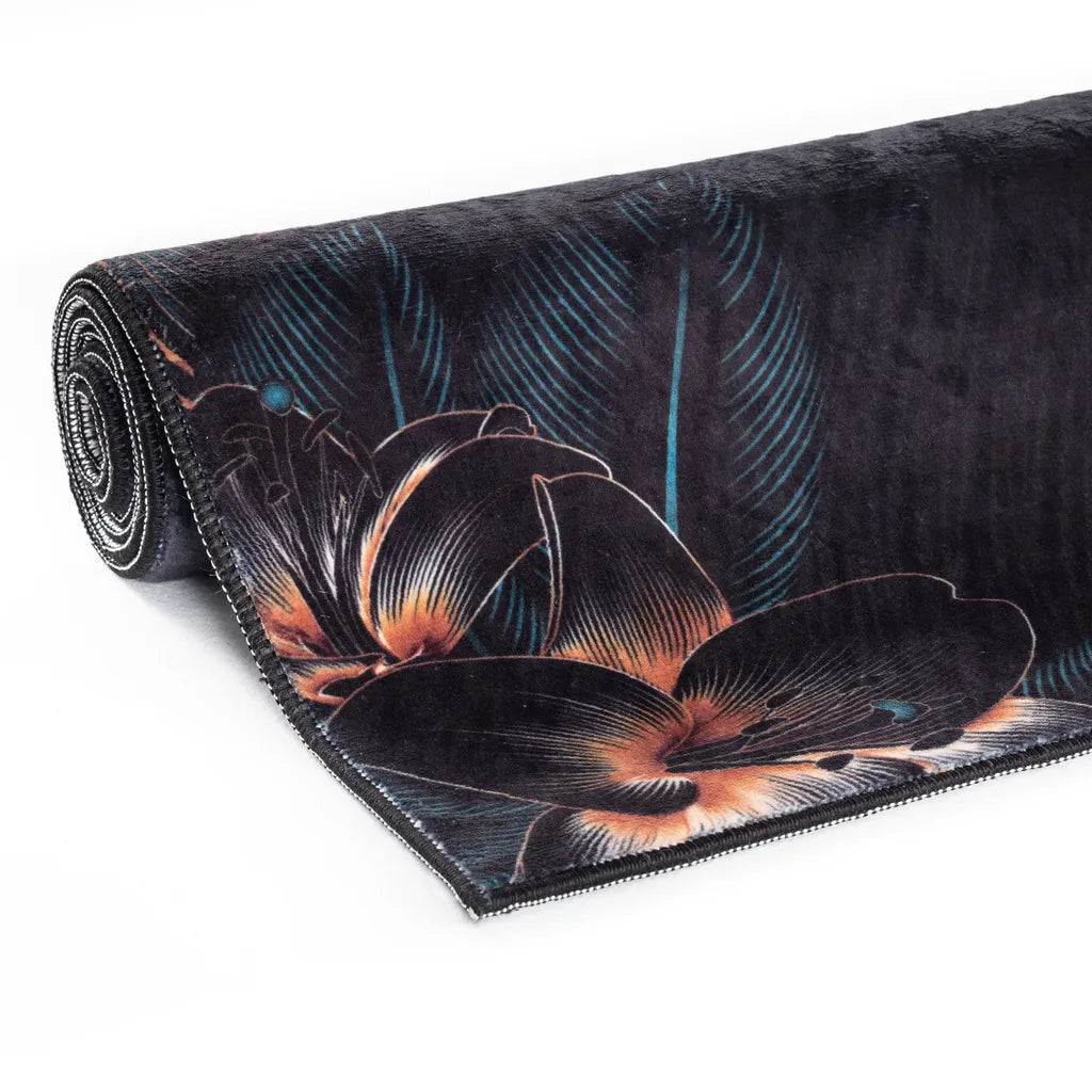  Mynes Home Küchenteppich Waschbar Küchenläufer Rutschfest Teppich Läufer Blau Schwarze Blume-50x180 Cm