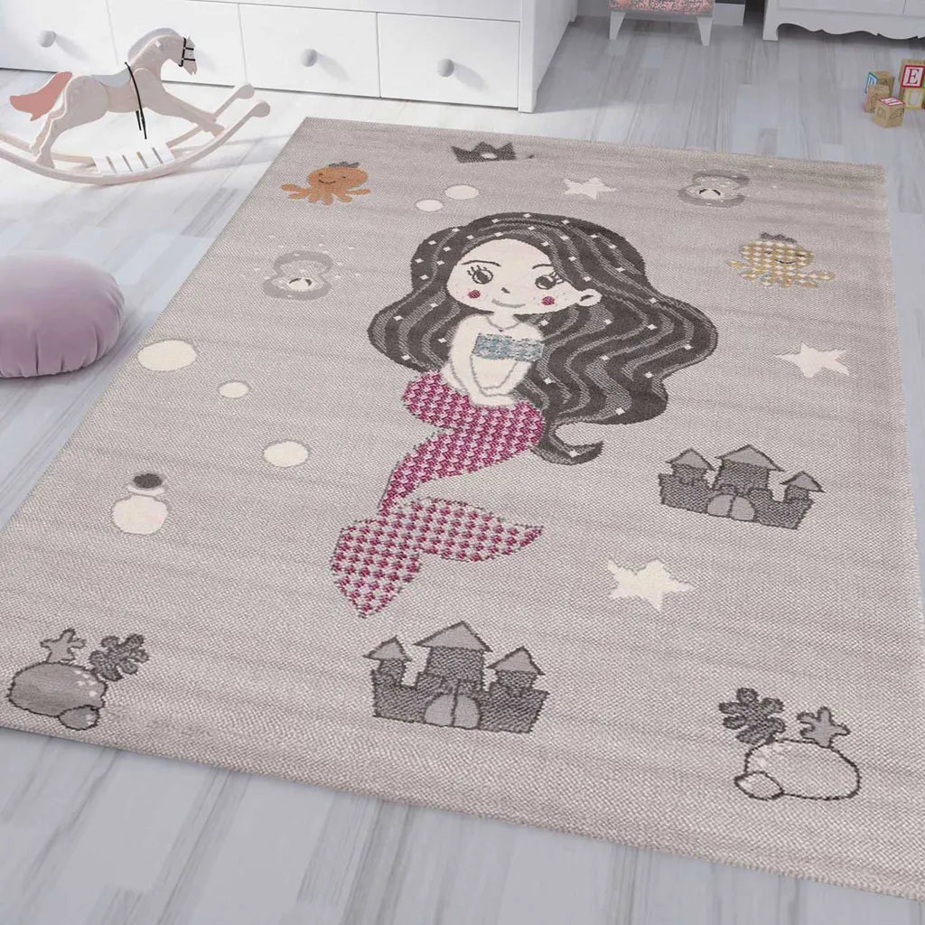  Kinderteppich Kinderzimmer Teppich Meerjungfrau Kurzflor Baby Grau Rosa , Maße:80x150 Cm