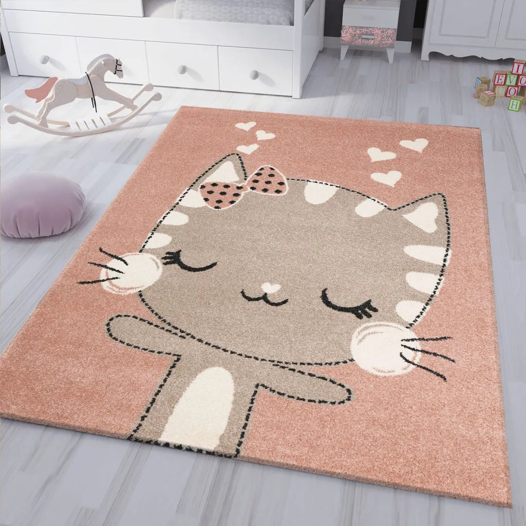  Kinderteppich Babyteppich Flauschig Weich Altrosa Beige Weiß Fröhliches Kätzchen Katze , Maße:120x170 Cm