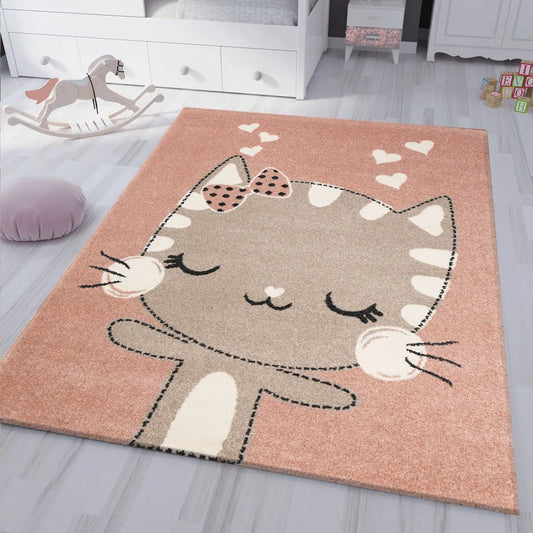  Kinderteppich Babyteppich Flauschig Weich Altrosa Beige Weiß Fröhliches Kätzchen Katze , Maße:120x170 Cm