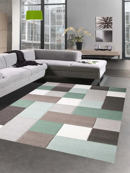  Teppich Wohnzimmerteppich Kurzflor Karo Pastell Grün Grau Mit Konturenschnitt Größe - 120x170 Cm