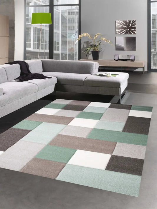  Teppich Wohnzimmerteppich Kurzflor Karo Pastell Grün Grau Mit Konturenschnitt Größe - 120x170 Cm
