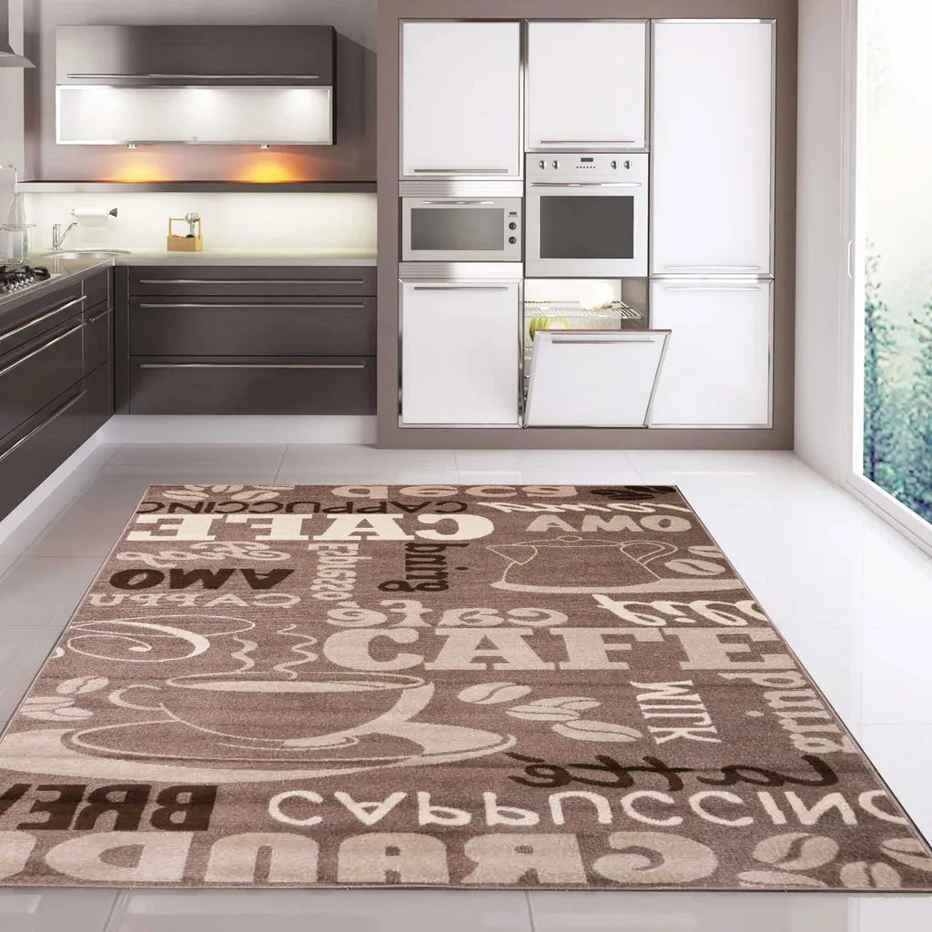  Küchenteppich Teppichläufer Coffee Modern Kaffee Design In Braun Beige Teppich Für Lounge Oder Küche, Maße:160x220 Cm