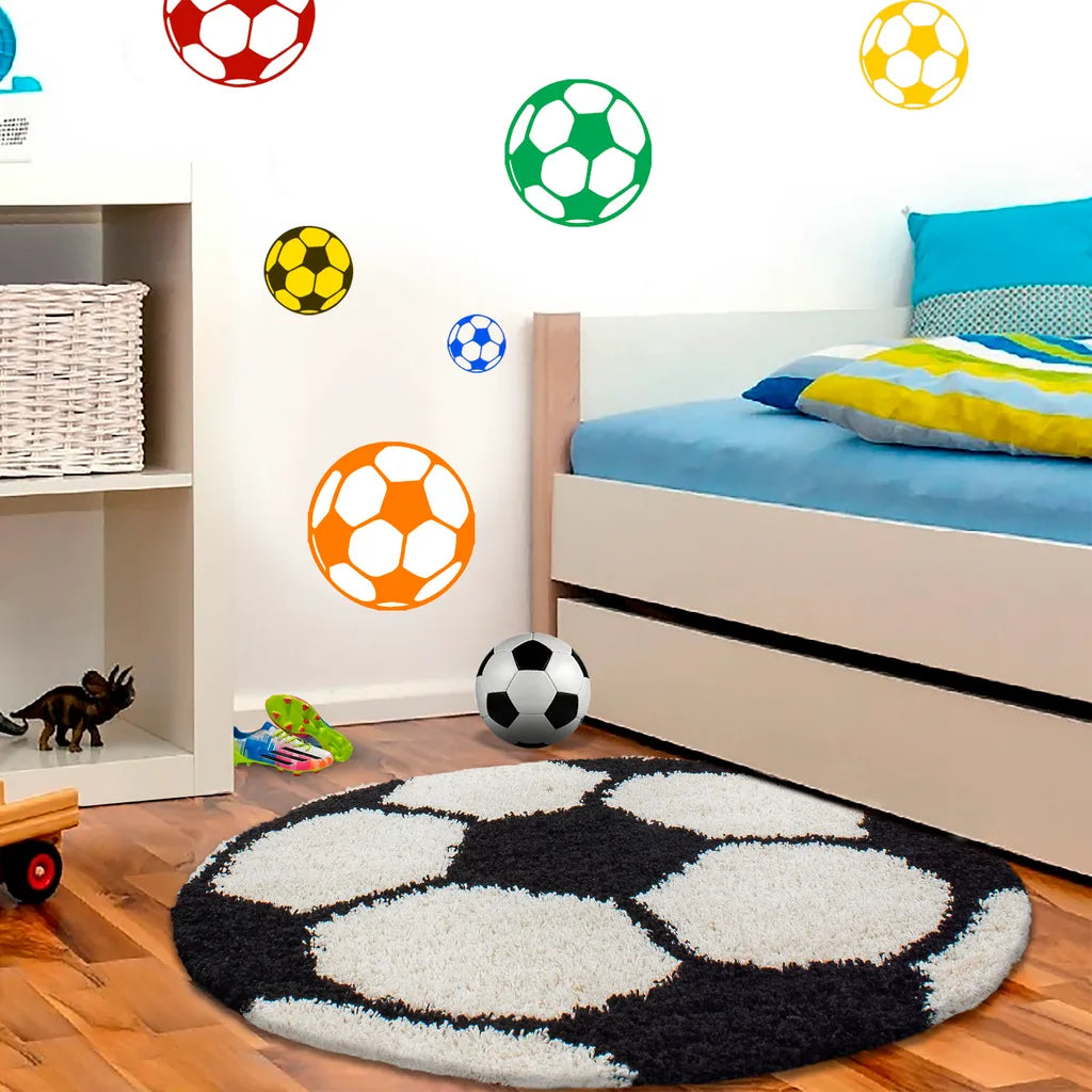  Wunderschöne Kinderteppich Rund , Höhe 30 Mm, Fußball Motiv, Größe:Ø 120 Cm Rund, Farbe:Schwarz