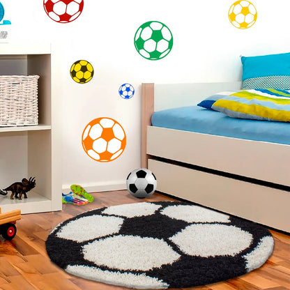  Wunderschöne Kinderteppich Rund , Höhe 30 Mm, Fußball Motiv, Größe:Ø 120 Cm Rund, Farbe:Schwarz
