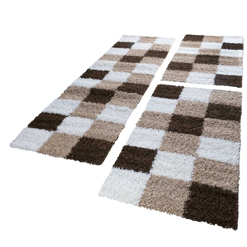  Bettumrandung Läufer Hochflor Kariert Braun Beige Weiss Läuferset 3 Tlg Grösse 2mal 70x140 1mal 70x250 Cm