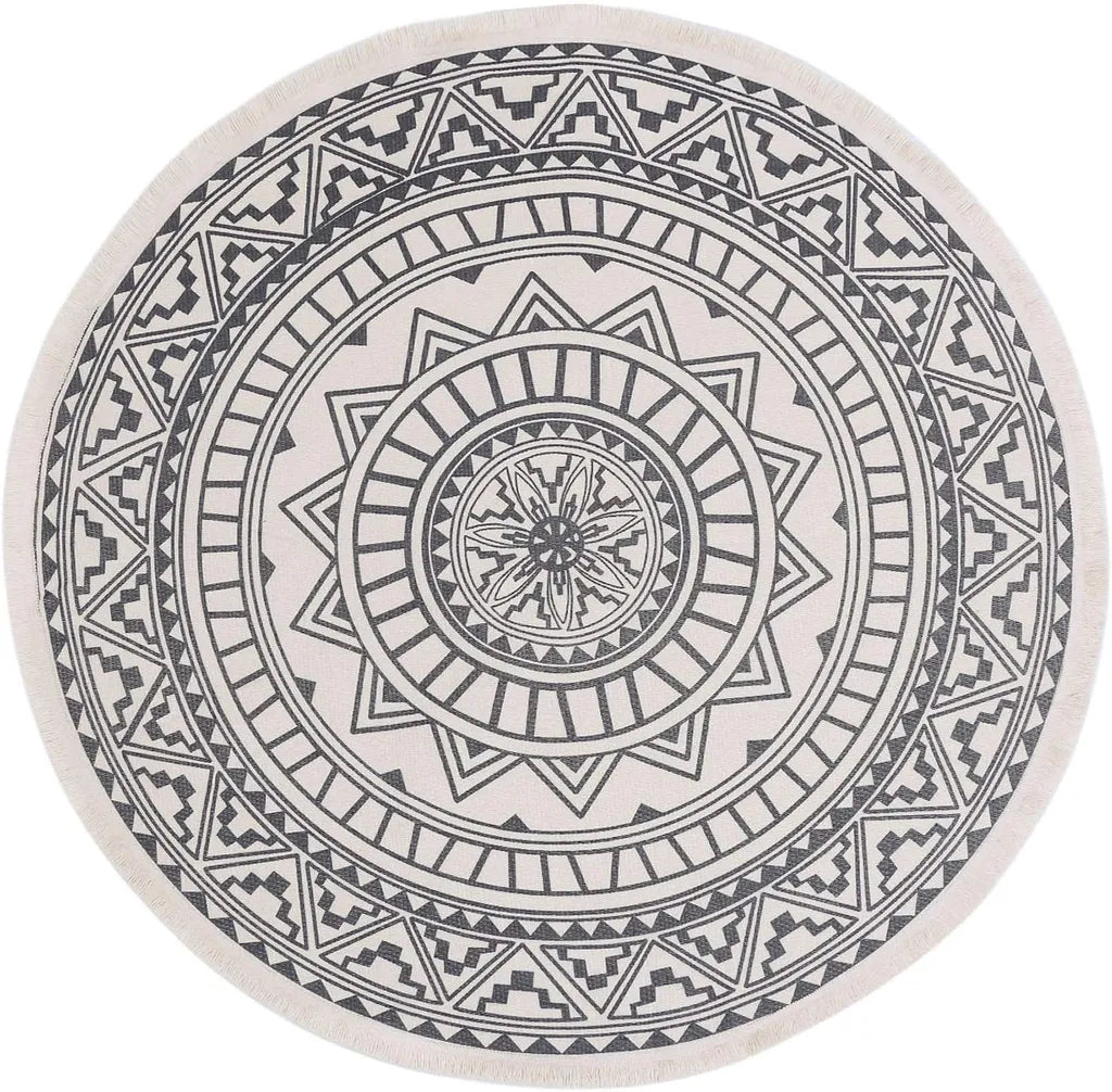  Runder Teppich 120 Cm. Teppich Rund Mit Fransen Rutschfest, Handgewebt Und Pflegeleicht - Böhmisches Mandala Muster Baumwollteppich