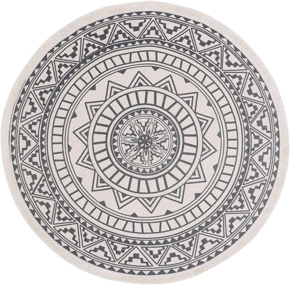  Runder Teppich 120 Cm. Teppich Rund Mit Fransen Rutschfest, Handgewebt Und Pflegeleicht - Böhmisches Mandala Muster Baumwollteppich