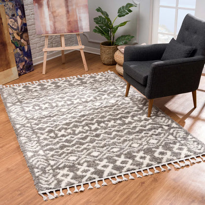  Teppich Wohnzimmer Shaggy Grau Creme Deko Schlafzimmer Hochflor Mit Fransen Flauschig, Größen:200 X 290 Cm