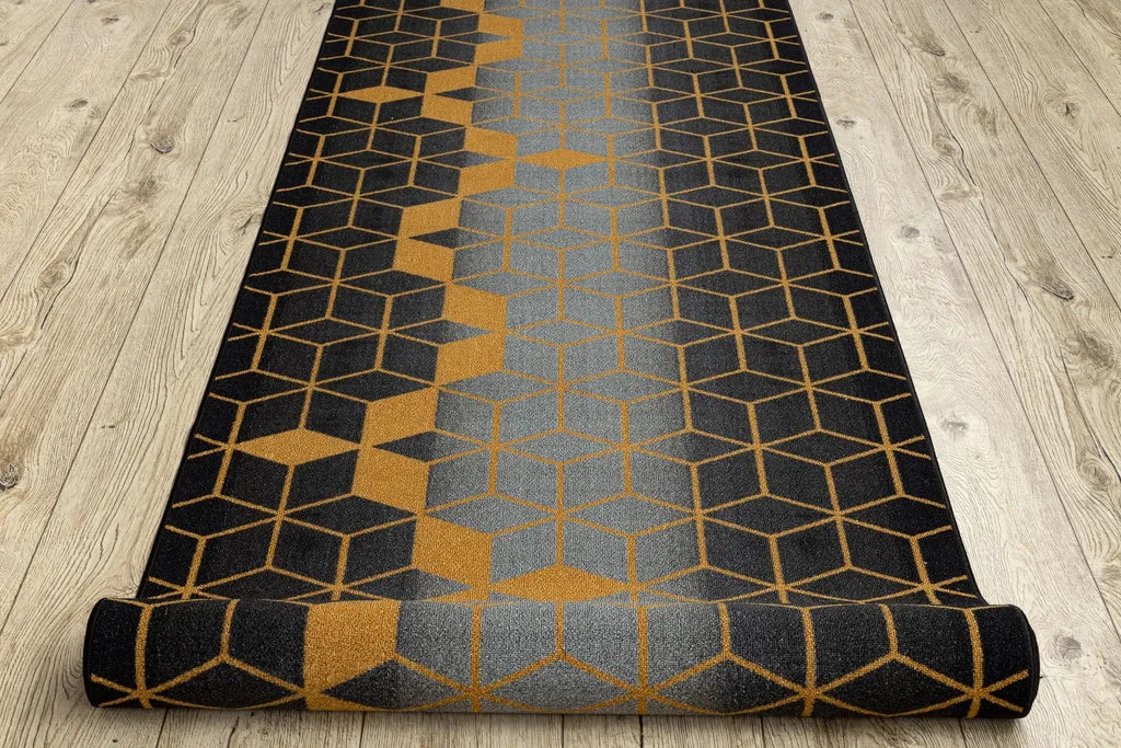  Läufer Antirutsch 67 Cm HEKSAGON Hexagon Schwarz / Gold Schwarz 67x220 Cm