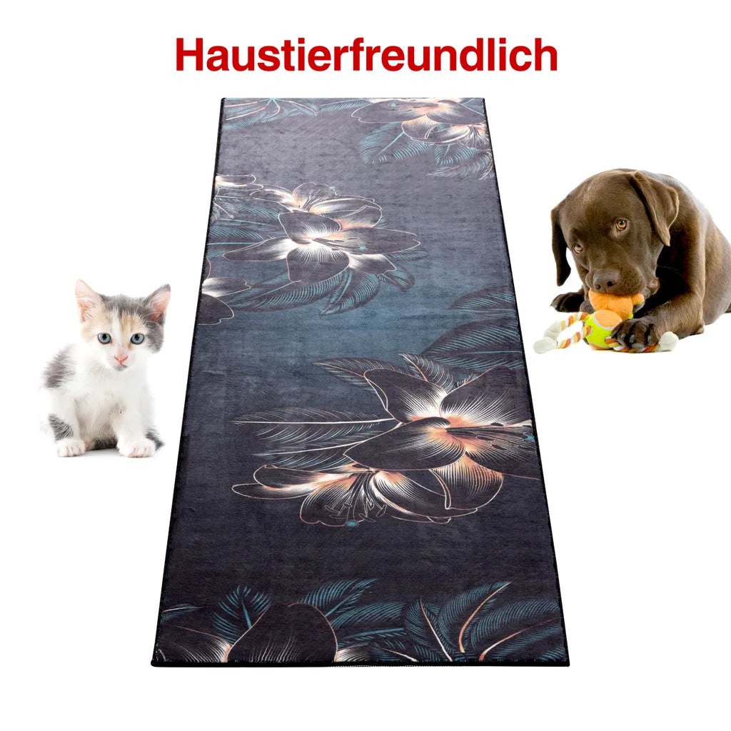  Mynes Home Küchenteppich Waschbar Küchenläufer Rutschfest Teppich Läufer Blau Schwarze Blume-50x180 Cm