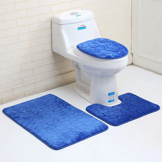  3-teiliges Badezimmer Badematten Toilettenteppich Anti Rutsch Teppich Set Heim Toilettenabdeckungsmatte (Blau)