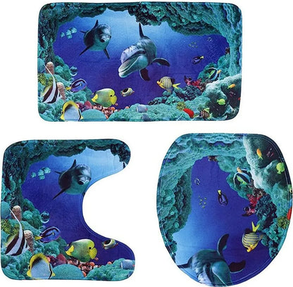  3 Teile/Satz Ozean Stil Unterwasserwelt Dolphin Carpe Wc Matte 3D Dolphin Print Badteppich Set