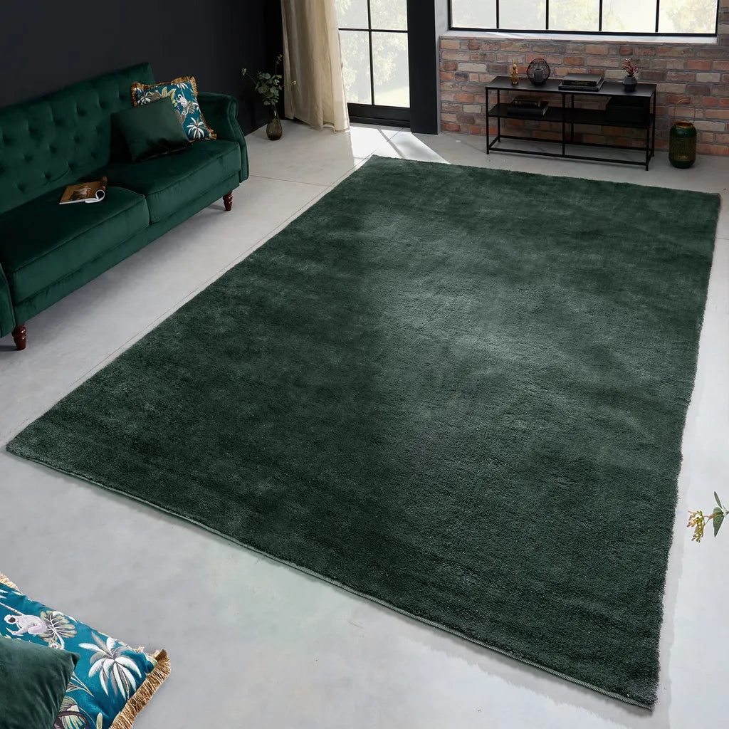  Moderner Kurzflor Teppich HEAVEN XXL 350x250cm Dunkelgrün Viskose-Optik