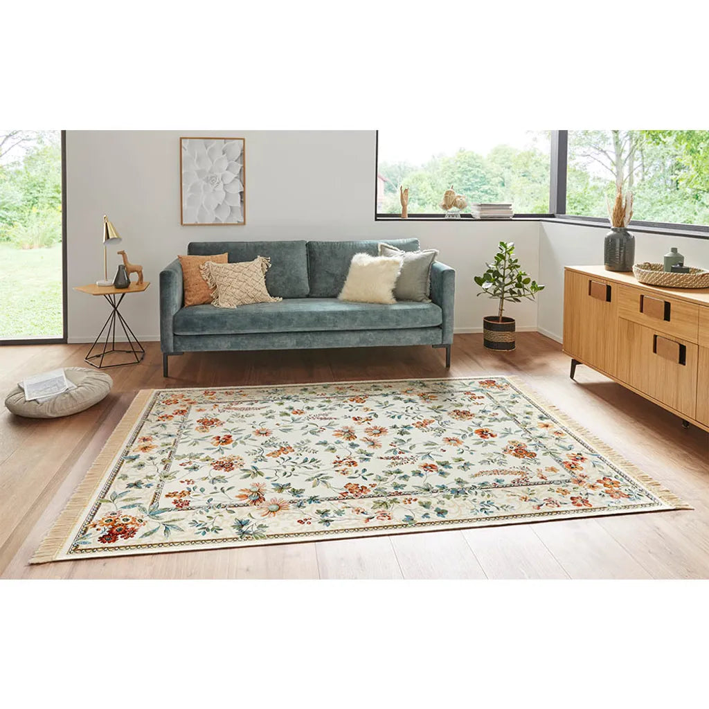  Orientalischer Samt-Teppich Fransen Oriental Flowers Creme, Größe:135x195 Cm