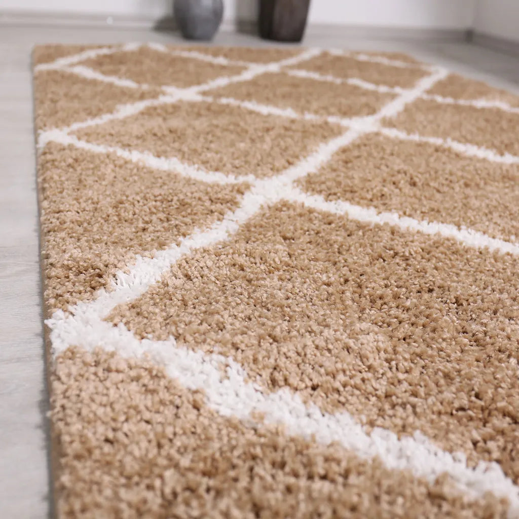  Hochflor Teppich Wohnzimmer Shaggy Rauten Muster Beige Creme Skandinavischer Stil Weich Robust, Maße:80x150 Cm