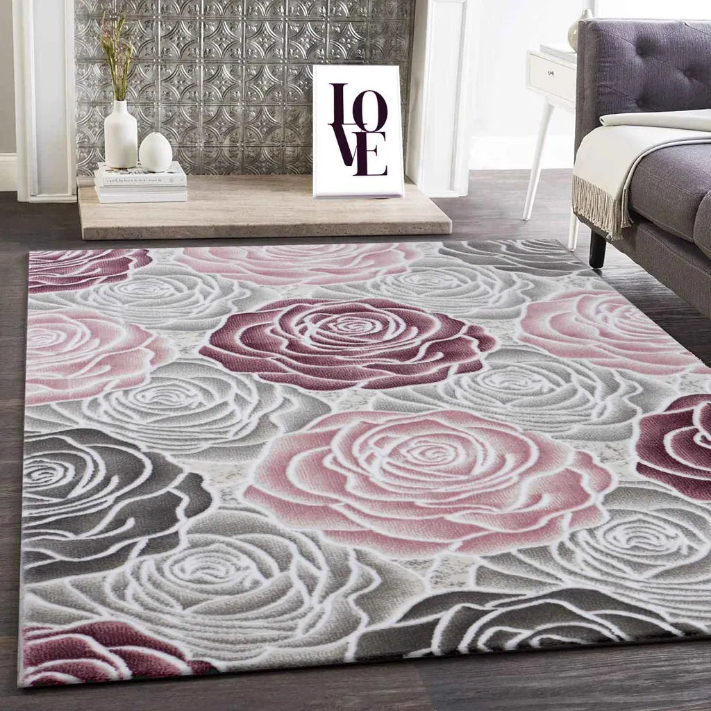  Moderner Wohnzimmer Teppich Rosen Muster In Rosa Grau Creme, Maße:200 X 290 Cm